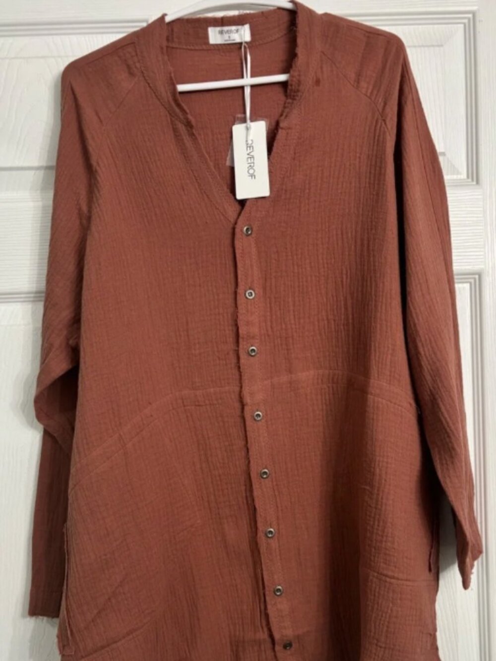 Reverof Gauze Tunic Buttoned Down Blouse with Pockets Clay Soft Brick Color